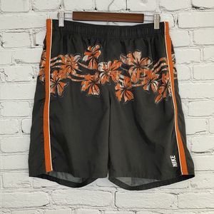 Nike Swim Mens Size L Swim Trunks Gray‎ Orange Hibiscus Pockets Mesh Lining